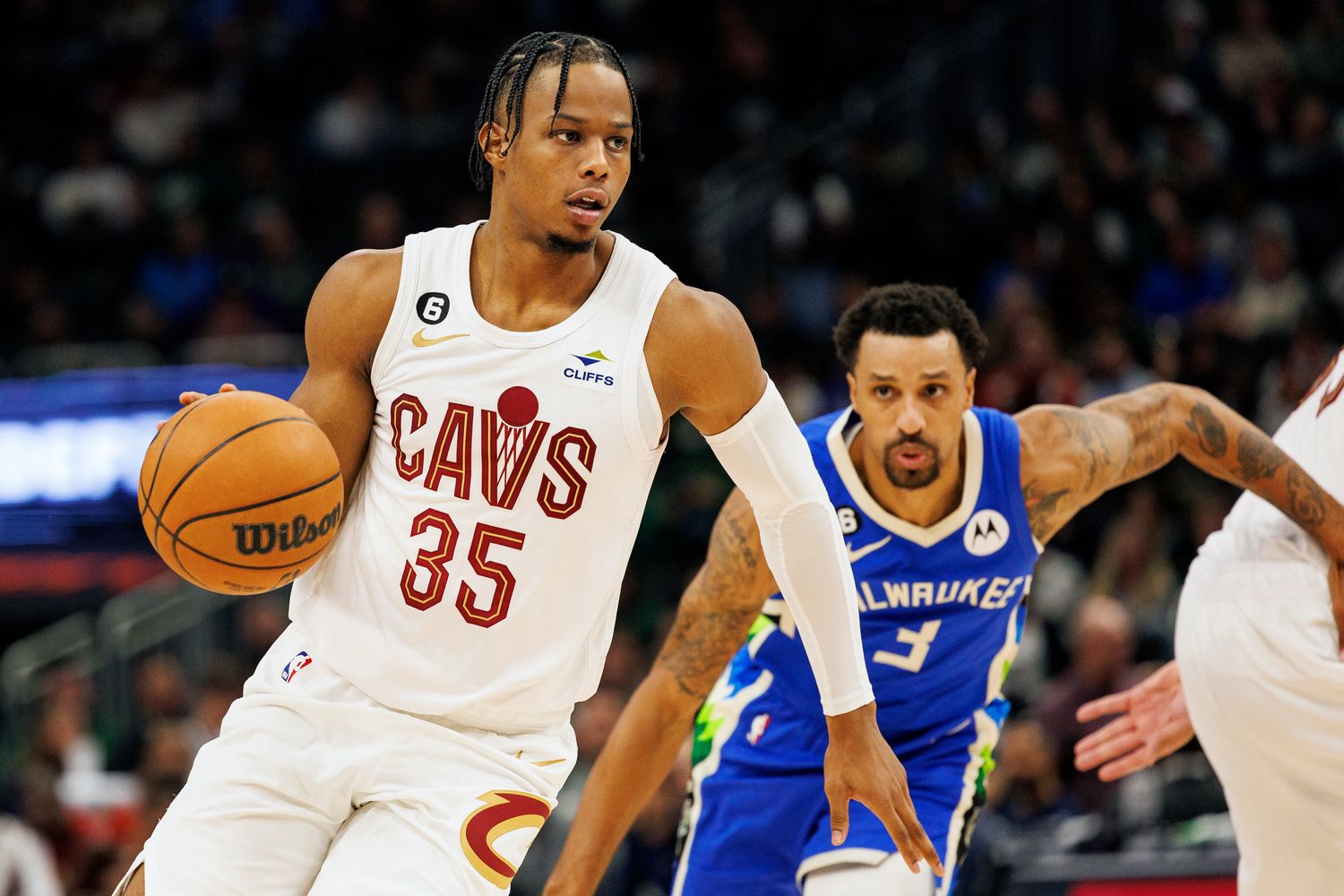 Cleveland Cavaliers guard Isaac Okoro (35) drives for the basket in front of Milwaukee Bucks guard George Hill (3) during the fourth quarter at Fiserv Forum.
